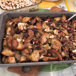 Country Bread Stuffing With Smoked Ham, Goat Cheese, And Dried Cherries