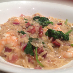 Lemon Barley “Risotto” with Shrimp, Bacon & Spinach