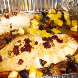Oven Roasted Snapper with Eggplant and Summer Squash Cubes