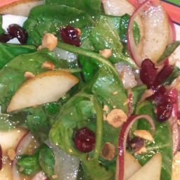 Spinach Salad with Bosc Pears, Cranberries, Red Onion, and Toasted Hazelnut